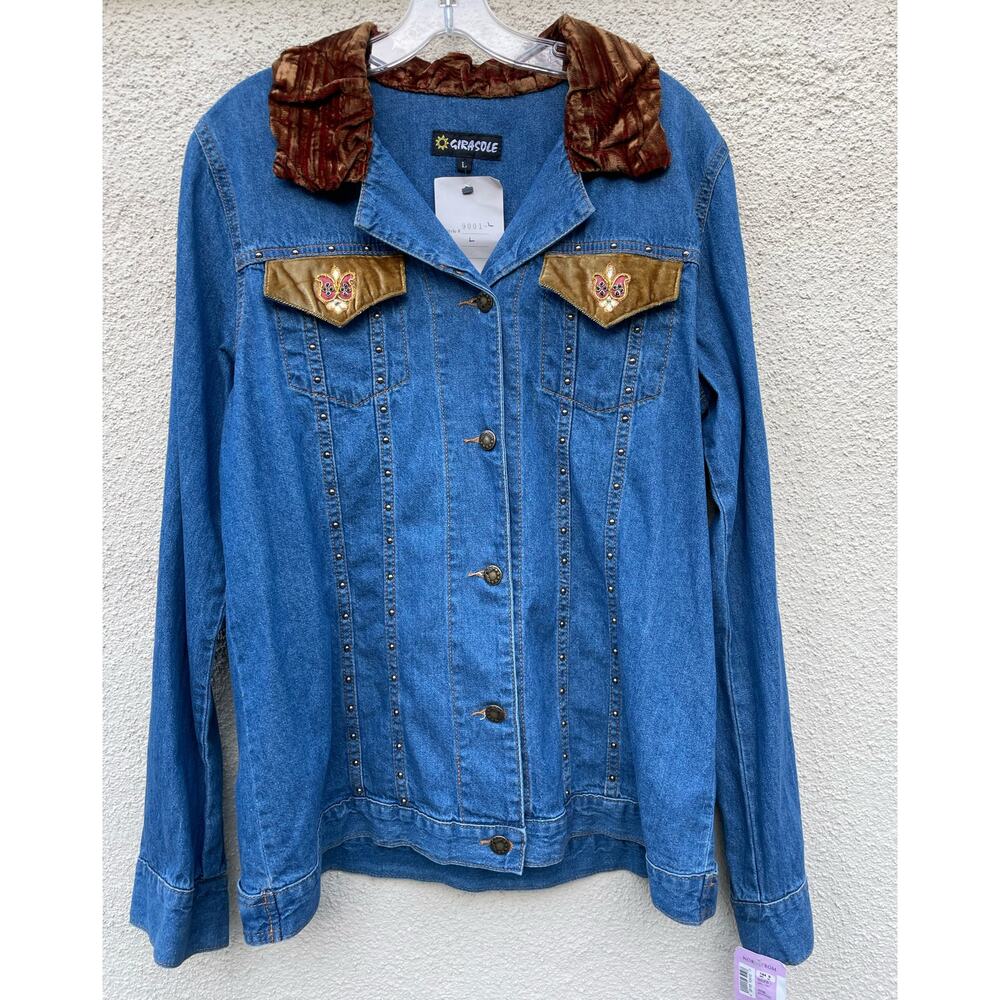 Vintage NEW Girasole Lightweight Denim L Jacket Velvet Embroidery